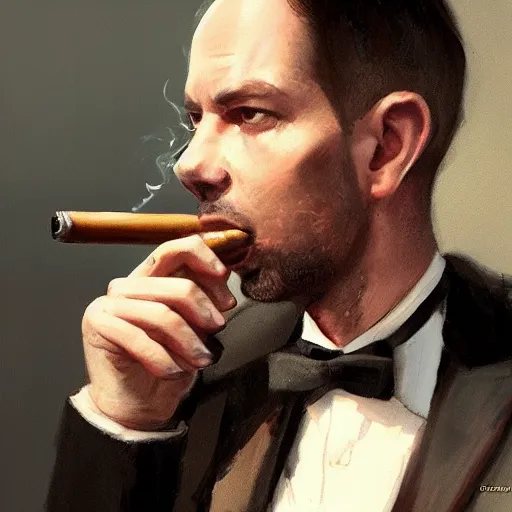 Image similar to andrew tate wearing a suit smoking a cigar on his mouth, dramatic lighting, cinematic, establishing shot, extremly high detail, photorealistic, cinematic lighting, artstation, style by James Gurney