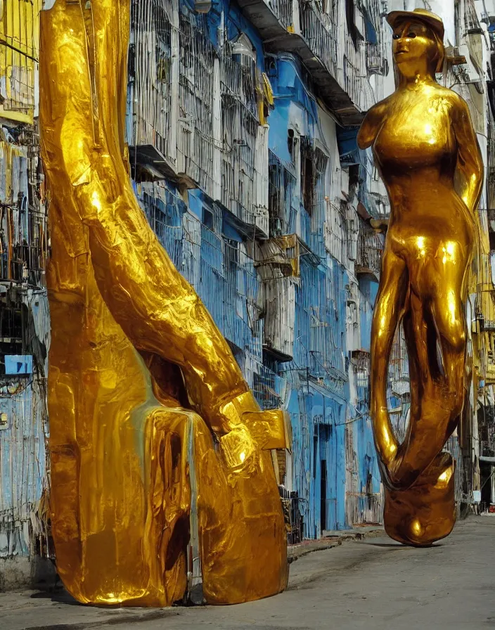 Prompt: vintage color photo of a liquid gold sculpture in a guayaquil alley, photography by werner herzog