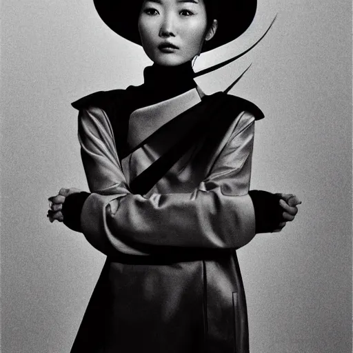 Image similar to A Chinese woman wearing clothes from 2078, portrait, Taschen, 35 mm film, by David Bailey, Peter Lindbergh, Davide Sorrenti