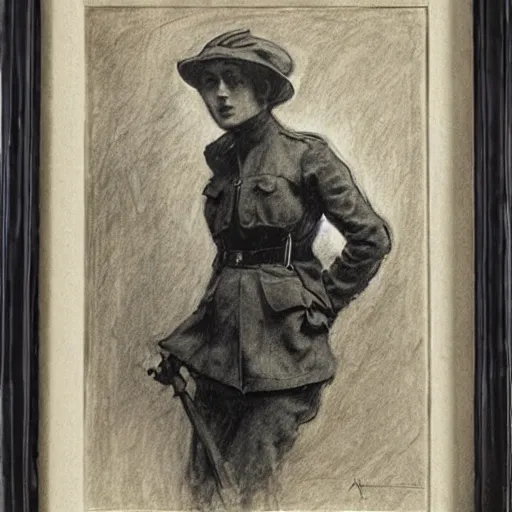 Image similar to ww 1 action heroine, by alfred stevens in charcoal