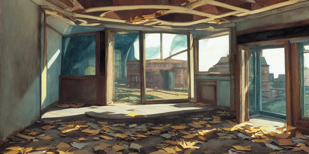 Prompt: An abandoned library with the sky visible through a hole in the roof, leaves on the floor, by Studio Ghibli and Edward Hopper