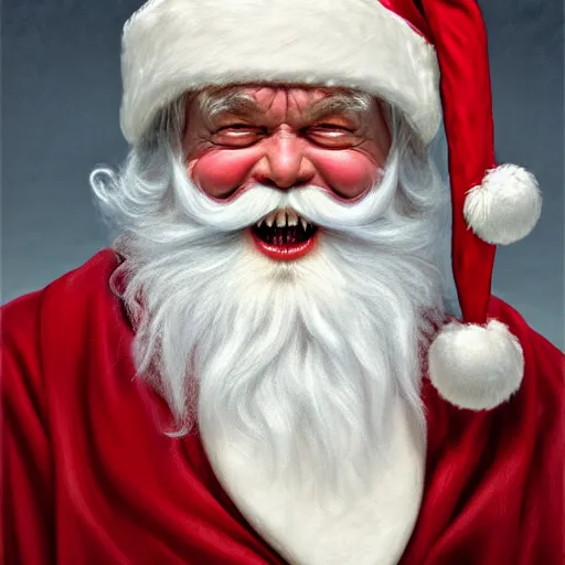 Prompt: frontal upper view of evil santa claus, serious expression, cream colored clothes robe, no red in clothes, red grinning mouth, cream colored background, fine art, award winning, intricate, elegant, sharp focus, cinematic lighting, digital painting, 8 k concept art, by michael hussar and greg manchess and brom and z. w. gu, 8 k