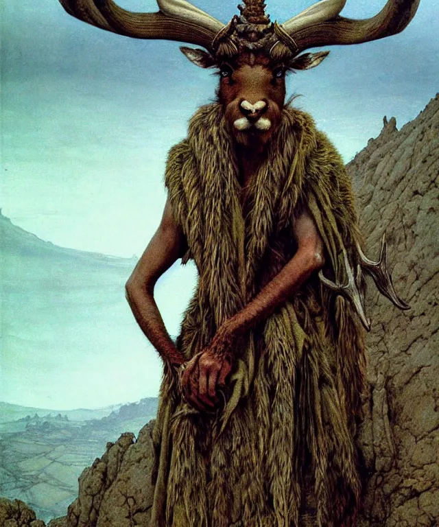 Image similar to A detailed horned antelopeman stands among the hills. Wearing a ripped mantle, robe. Extremely high details, realistic, fantasy art, solo, masterpiece, art by Zdzisław Beksiński, Arthur Rackham, Dariusz Zawadzki