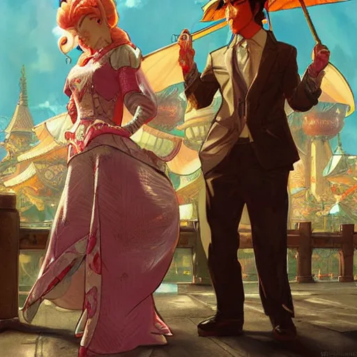 Image similar to link and princess peach in a scene from yakuza, artstation, concept art, smooth, sharp focus, illustration, art by and greg rutkowski and alphonse mucha