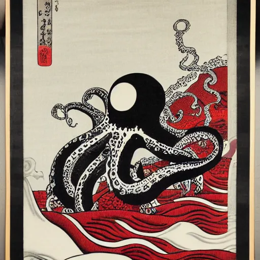 Image similar to a black and white octopus in a frothy red ocean, ukiyo-e