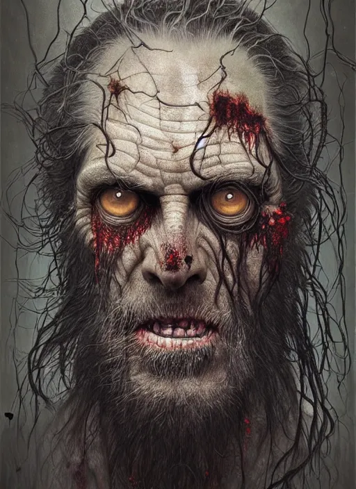 Image similar to portrait of a 6 0 year old giant man zombie with long tattered tangles of thinning black hair, eerie glowing eyes, wall hanging trophy taxidermy, hyper realistic head, fantasy art, in the style of greg rutkowski, zdizslaw beksinski, intricate, alphonse mucha, hyper detailed, smooth