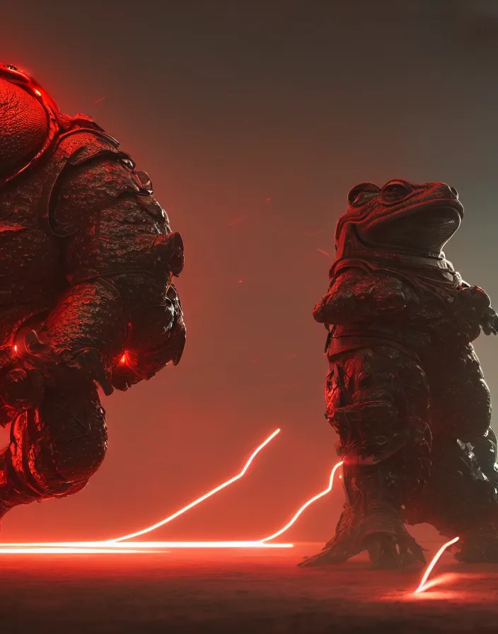 Image similar to a photo of a huge wide toad in a futuristic armor with glowing katana sword, cyberpunk, hyper realistic, hyper detailed, volumetric lightning, grainy film, octane render, 8k, raytracing