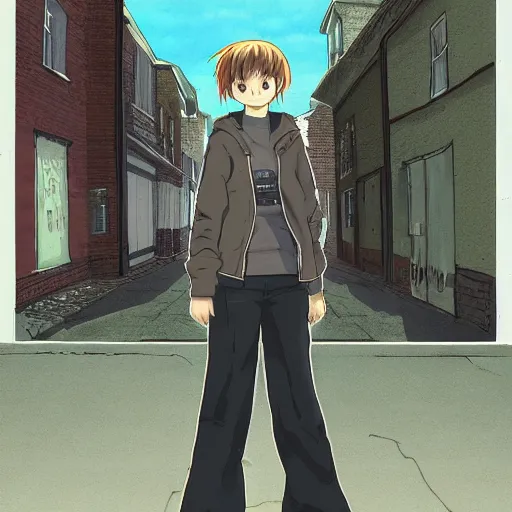 Image similar to a portrait of tomboy Lain from serial experiments: Lain Shinji with a town behind