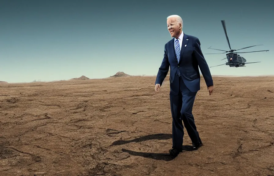 Image similar to a color photo of joe biden walking in a wasteland