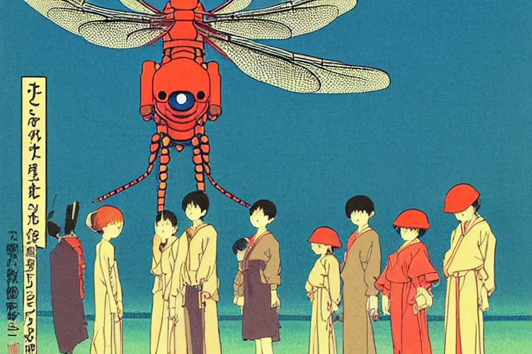 Image similar to gigantic dragonflies with human faces catch tiny robots, a lot of exotic mechas robots around, human heads everywhere, risograph by kawase hasui, edward hopper, satoshi kon and moebius, no text!, colorful flat surreal design, super - detailed, a lot of tiny details, fullshot