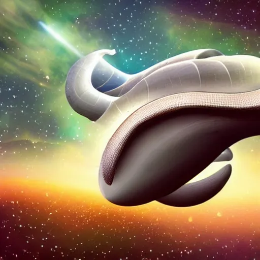 Image similar to a spaceship in the shape of a snail flying through space