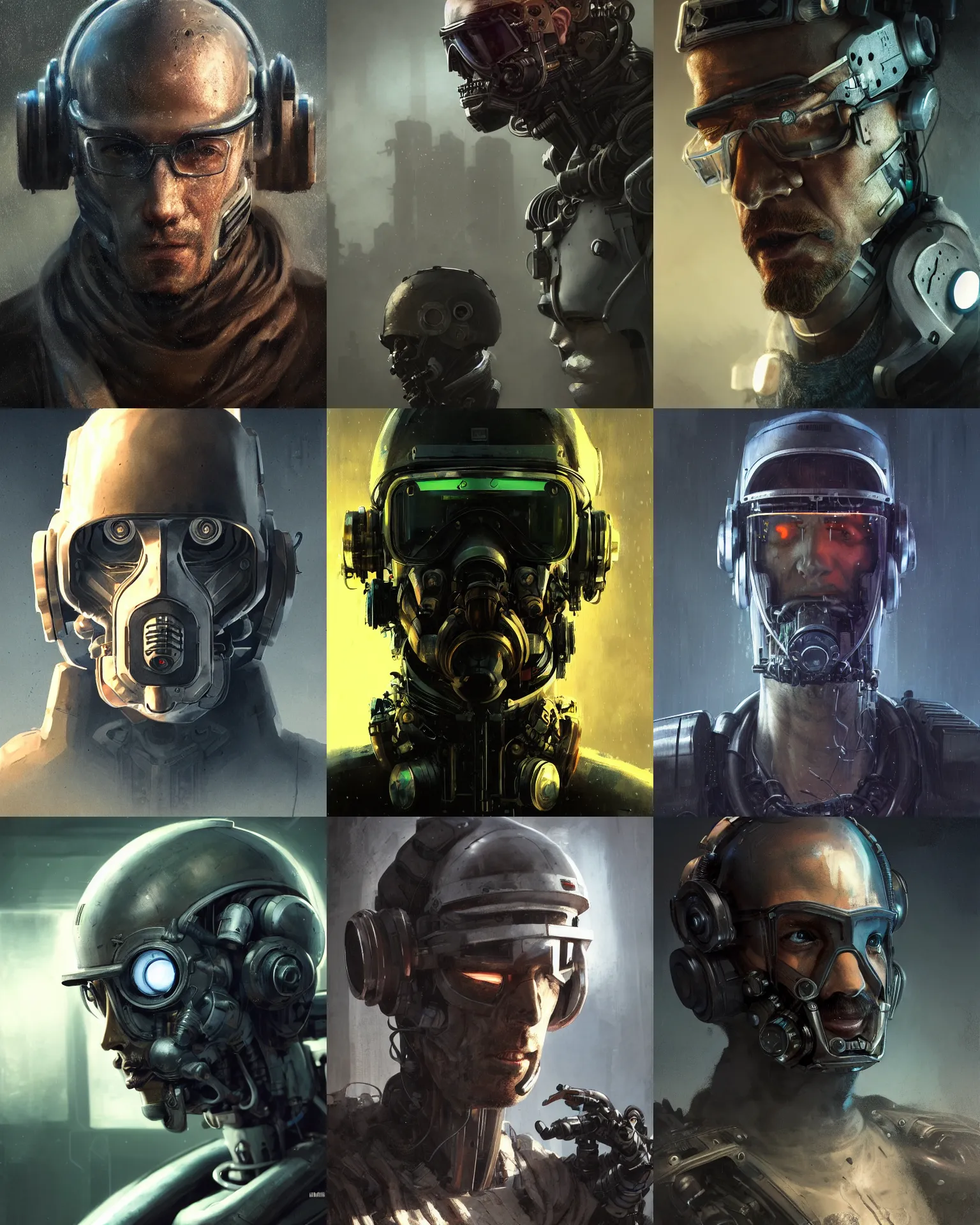 Image similar to a rugged research engineer man with cybernetic enhancements, detailed optics mask, scifi character portrait by greg rutkowski, esuthio, craig mullins, 1 / 4 headshot, cinematic lighting, dystopian scifi gear, gloomy, profile picture, mechanical, half robot, implants, steampunk, warm colors