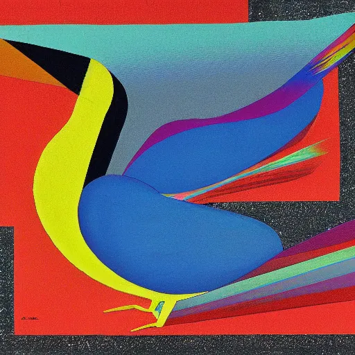 Prompt: warm by hiroshi nagai, by jack whitten robust. a beautiful assemblage of a large, colorful bird with a long, sweeping tail. the bird is surrounded by swirling lines & geometric shapes in a variety of colors
