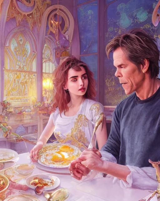 Image similar to kevin bacon eating fried eggs ana de armas serving him his eggs, highly detailed, gold filigree, romantic storybook fantasy, soft cinematic lighting, award, disney concept art watercolor illustration by mandy jurgens and alphonse mucha and alena aenami, pastel color palette, featured on artstation