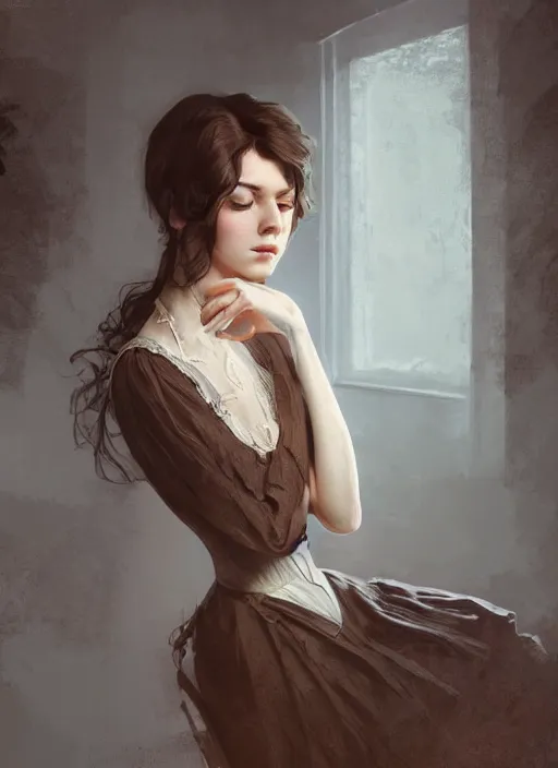 Prompt: a beautiful brown - haired young woman with an sexy old dress of the 1 9 th century in ghost house, intricate, elegant, highly detailed, digital painting, artstation, concept art, smooth, sharp focus, illustration, ethereal, misty, by ilya kuvshinov and jeremy mann, 8 k, octane render