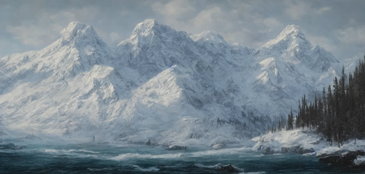 Prompt: detailed Photorealistic oil painting of an epic scene containing A snowy mountain that faces the open water and is blocked off by a large castle