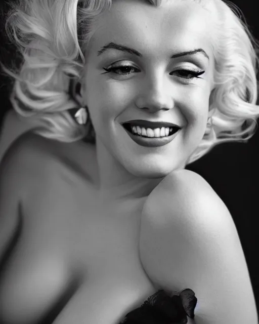 Image similar to Beautiful Head and shoulders portrait of smiling flirty seductive Marilyn monroe with platinum blonde hair, wearing a camisole by arney freytag, artstation, 35mm, fashion photoshoot, laying on a bed in a photo studio, golden hour, bokeh, rim lighting, fashion pose, octane, 4k