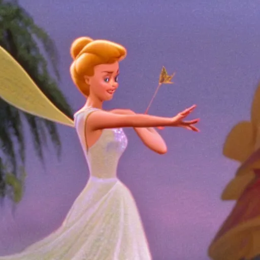 Image similar to tinkerbell landing on a hand, golden dress, disney movie ( 1 9 8 9 )