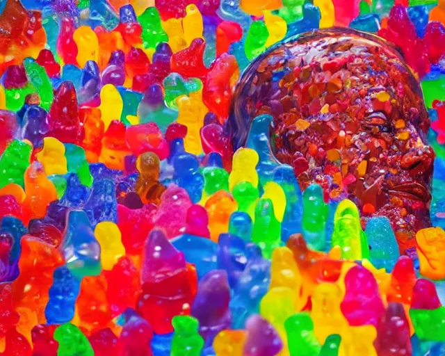 Prompt: a giant sculpture made out of of gummy bears in a human head shape, on the surface of the ocean, in the style of chad knight, long shot, hyper detailed, hyper realistic, ray tracing, 8 k resolution, sharp focus, realistic water, award winning sculpture