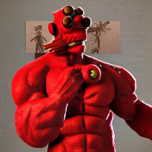 Prompt: realistic hellboy made out of twizzlers, render