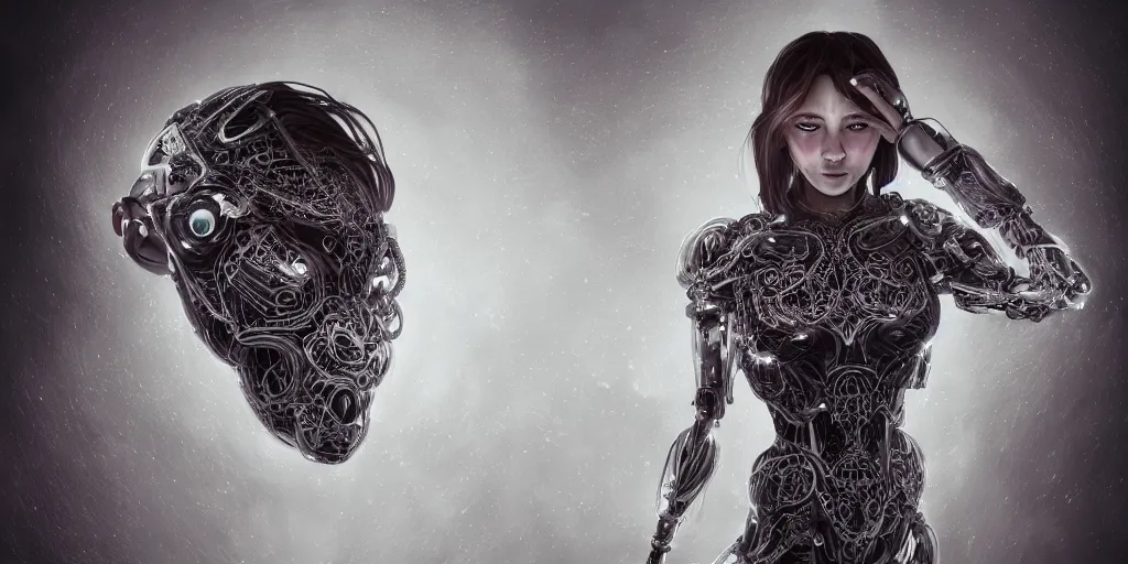 Image similar to ! dream hyperrealistic photography of stunningly beautiful female cyborg, glowing eyes, highly detailed intricate filigree, in the style of beth cavener, jin kagetsu, wlop,, symmetry, masterpiece, concept art, highkey lighting, ambient lighting, hard key light, octane render, 8 k, artstation