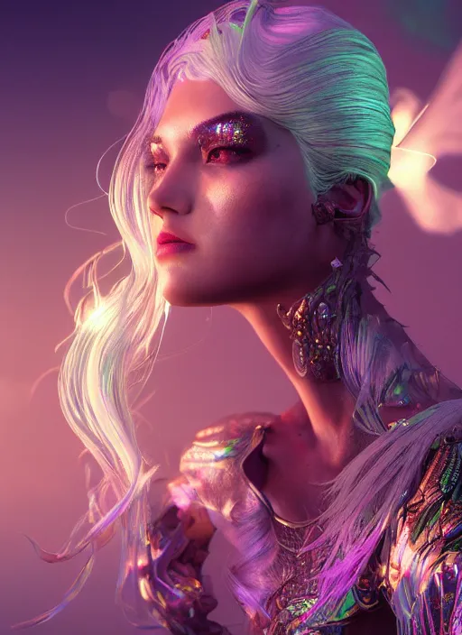 Prompt: beauteous practical sumptuous biomechanical with incredible iridescent pearlescent voluminous neon hair, crystalline masterpiece incrustations, hyperdetailed face, elegant pose, movie still, intricate, octane render, cinematic forest lighting, unreal engine, crepuscular rays, god rays