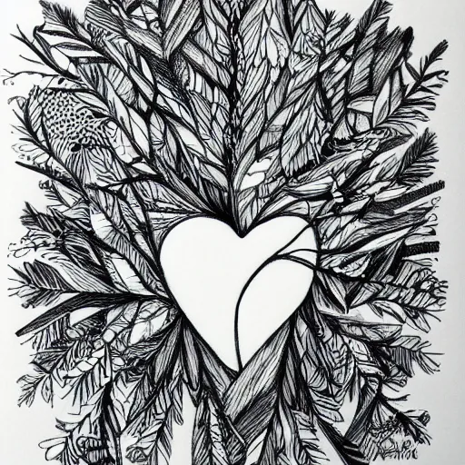 Image similar to heart of the forest, sketch, illustration, cross hatched, black ink on white paper