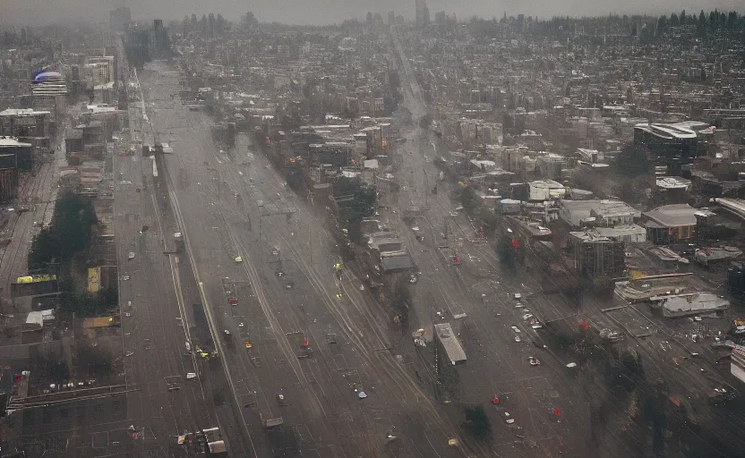 Image similar to 2011 Seattle rainy afternoon, aerial view , aerial view Cinestill 800t 18mm, heavy grainy picture, very detailed, high quality, 4k panoramic, billboards and streetlight at night, rain, mud, foggy