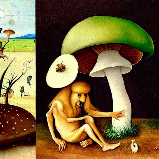 Image similar to a painting of a cute creature sitting next to a mushroom, detailed, realistic, in style of hieronymus bosch