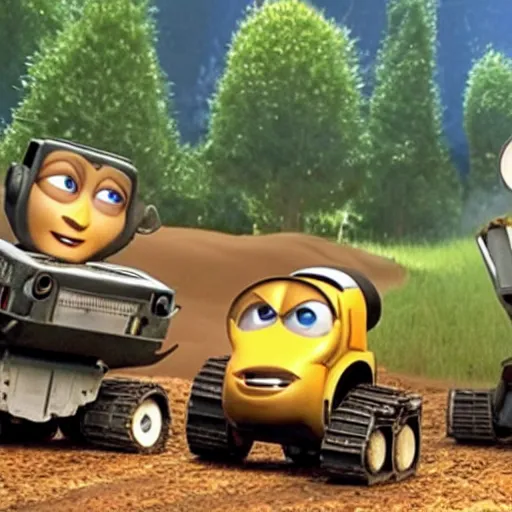 Image similar to Pixar animation of wall-e burning a forest