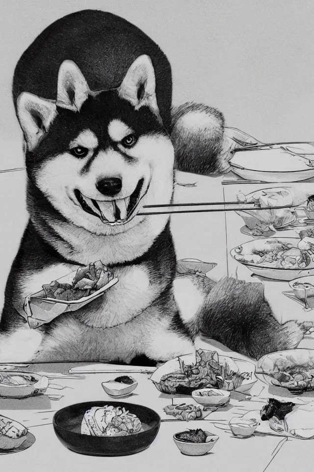 Image similar to a portrait of a shiba inu eating sushi, in the art style of katsuhiro otomo, realistic, highly detailed, b & w, 4 k