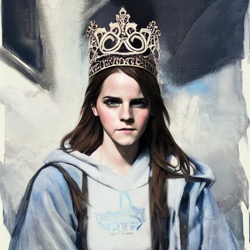 Image similar to full body emma watson wearing crown on head wearing designer hoodie by Sandra Chevrier by Richard Schmid by Jeremy Lipking by moebius by atey ghailan