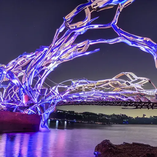 Image similar to vivid, robust by skottie young, by elena paraskeva. a kinetic sculpture of a group of flying islands, each with its own unique landscape, floating in the night sky. the islands are connected by a network of bridges. a small group of people can be seen walking along one of the bridges.
