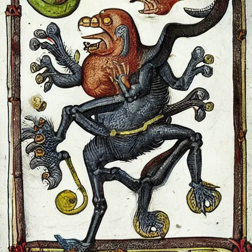 Image similar to medieval bestiary filled with uncanny grotesque beasts and hybrids