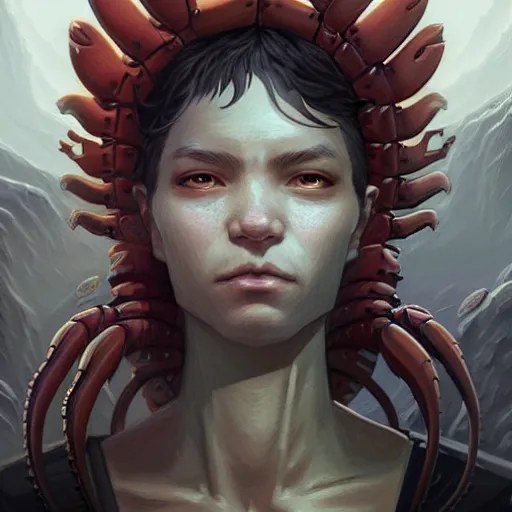 Prompt: professional ominous concept art portrait of a lobster - human chimera character by artgerm and greg rutkowski. an intricate, elegant, highly detailed digital painting, concept art, smooth, sharp focus, illustration, in the style of simon stalenhag, wayne barlowe, and igor kieryluk.