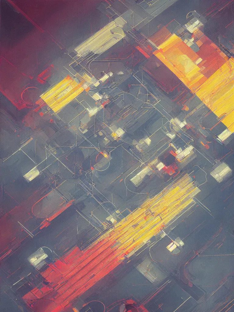 Image similar to a beautiful bauhaus painting by mike hernandez of a top view of a complex highway intersection, color bleeding, pixel sorting, brushstrokes by jeremy mann, zenith lighting, square shapes by mondrian