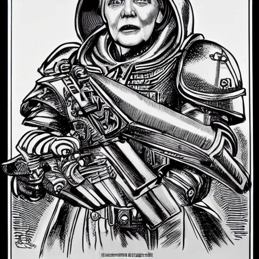 Prompt: a beautifully detailed warhammer 4 0 k portrait of angela merkel. pen and ink by moebius.