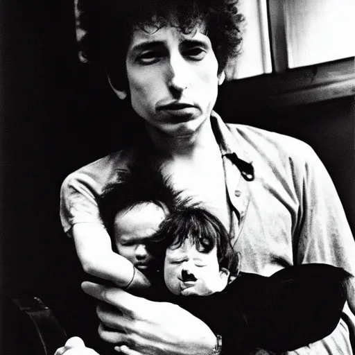 Image similar to bob dylan cradling belial from basket case like a baby, photograph, 1 9 6 5