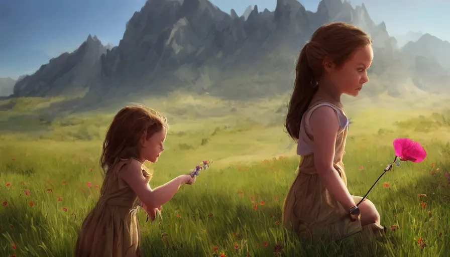 Image similar to side view of little girl giving flower to soldier, mountains in the background, sunny day, shadow, hyperdetailed, artstation, cgsociety, 8 k