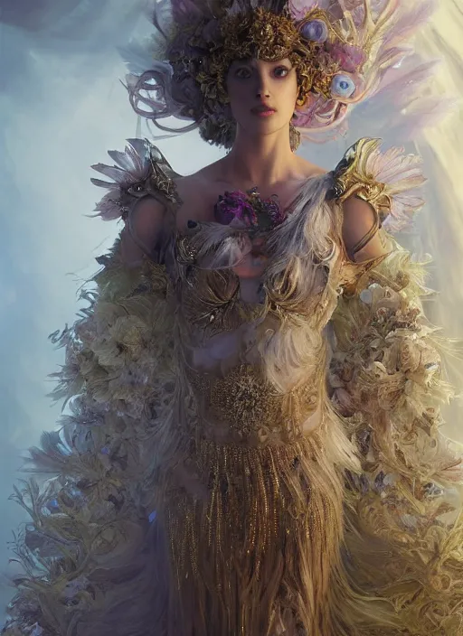 Prompt: real photoshoot eternity goddess, wearing a feathered cloak and a fancy silk floral dress, ornate, ultra realistic, concept art, intricate details, eerie, highly detailed, photorealistic, octane render, 8 k, unreal engine. art by artgerm and greg rutkowski and charlie bowater and magali villeneuve and alphonse mucha