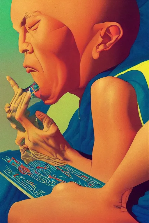 Image similar to a scifi closeup portrait of a young morrocan man licking a blotter paper of LSD acid on his tongue and dreaming psychedelic hallucinations in cosmos, by kawase hasui, moebius, Edward Hopper and James Gilleard, Zdzislaw Beksinski, Steven Outram colorful flat surreal design, hd, 8k, artstation