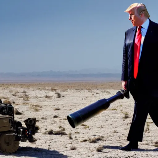 Prompt: donald trump carrying a rocket launcher, photograph, wsj, national geographic, photo