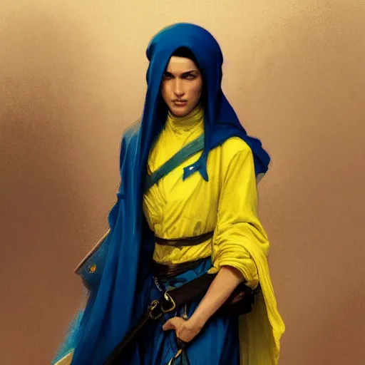 Prompt: portrait of a middle - eastern female cleric with straight black hair wearing blue and yellow vestments exploring a village in a desert, fantasy, highly detailed, digital painting, artstation, concept art, character art, art by greg rutkowski and tyler jacobson and alphonse mucha