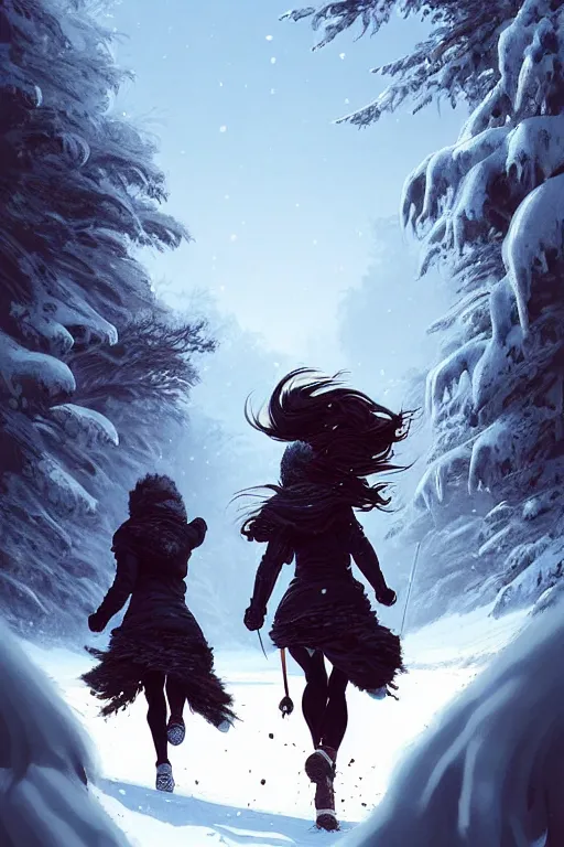 Image similar to a two hunter and huntress running away from a one beautiful giantess on the winter valley, toward to the camera, scared face, dramatic pose, intricate, highly detailed, detailed face, smooth, sharp focus, environmental light, rim light, artgerm, greg rutkowski, ilya kuvshinov, rossdraws, aesthetic fantasy illustration