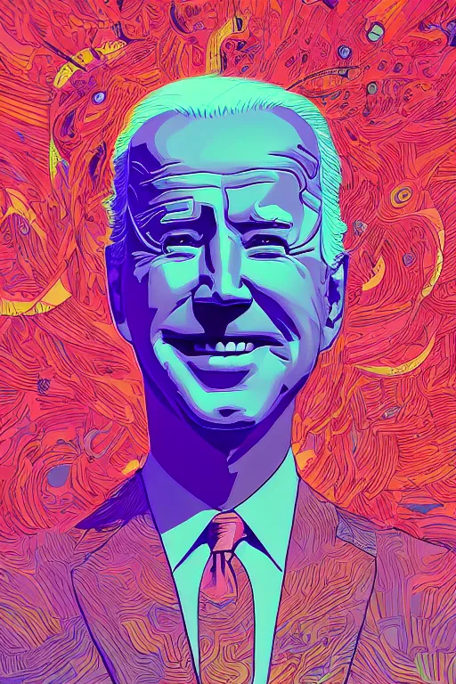 Prompt: portrait of joe biden, smiling down from above mid turn away, artstation winner by victo ngai, kilian eng and by jake parker vibrant colors, winning - award masterpiece, fantastically gaudy, aesthetic octane render, 8 k hd resolution