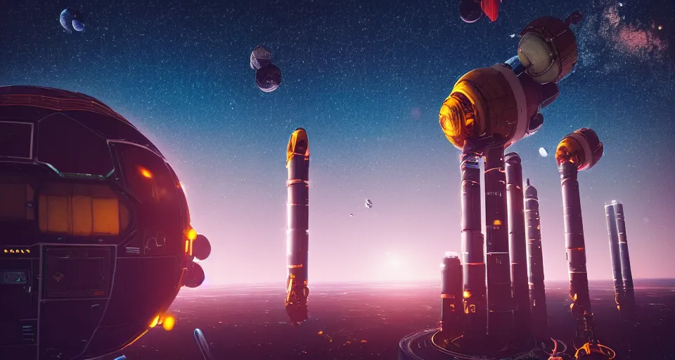 Image similar to a beautiful up close view of a orbital space habitat, underneath a star filled night sky, warm coloured, gigantic pillars and flowers, maschinen krieger, beeple, film, atmospheric perspective