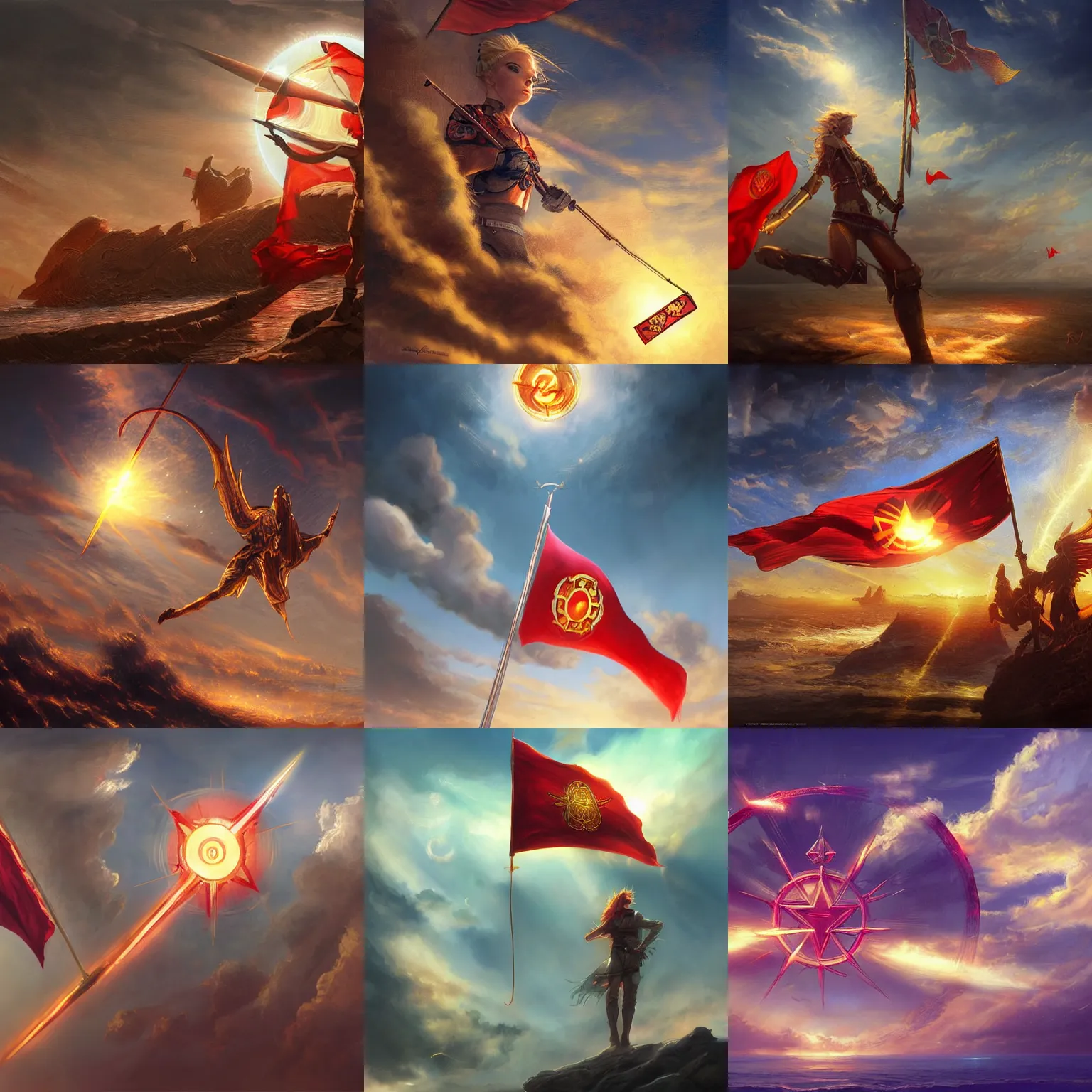 Prompt: red flag with golden sun symbol floating in sky, intricate, highly detailed, digital painting, concept art, sharp focus, illustration, aleksi briclot, rutkowski