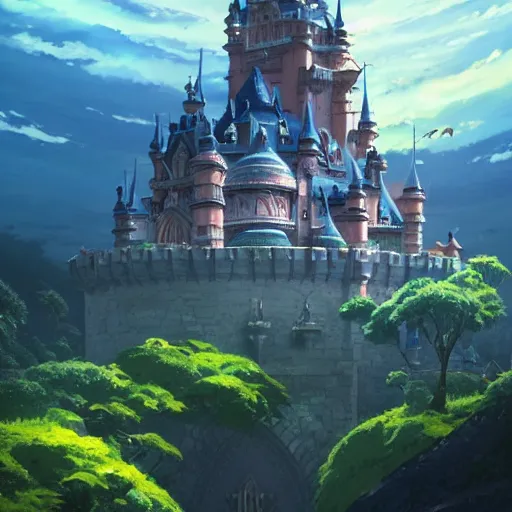 Image similar to An imposing and highly ornamented fantasy castle, Carved from Sapphire stone, Atmosphere, Dramatic lighting, Beautiful Landscape, Epic composition, Wide angle, by Makoto Shinkai and studio Ghibli