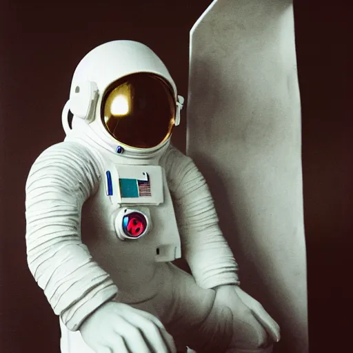 Prompt: Studio photography of an astronaut marble sculpture with light grey background, 35mm shot on color film photography