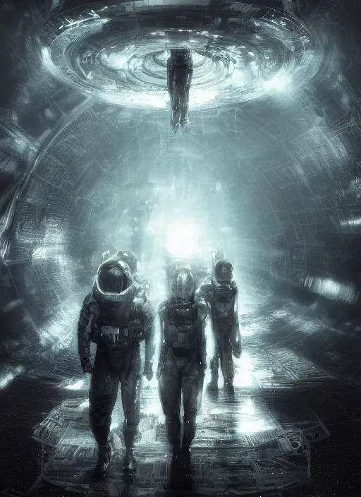 Image similar to concept poster art by craig mullins infrared complex and hyperdetailed technical astronauts floating in futuristic dark and empty spaceship underwater. reflection and dispersion materials. rays and dispersion of light. volumetric light. 5 0 mm, f / 3 2. noise film photo. flash photography. unreal engine 4, octane render. interstellar movie art